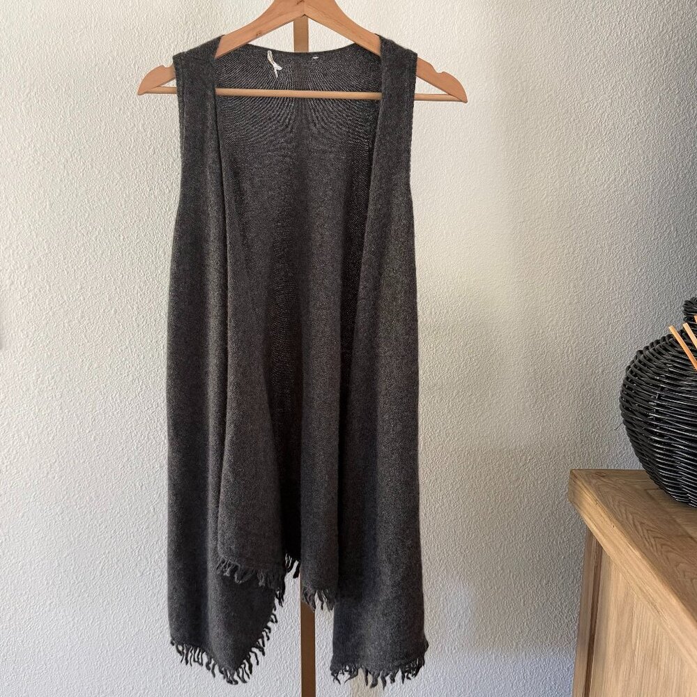 Minnie Rose 100% Cashmere Sleeveless Open Cardigan XS Fringe Gray Boho